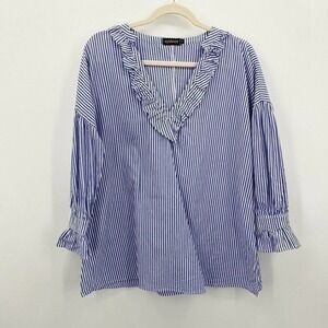 Reborn Women's S Blue White Striped Ruffled 3/4 Sleeve V-Neck Blouse Tunic